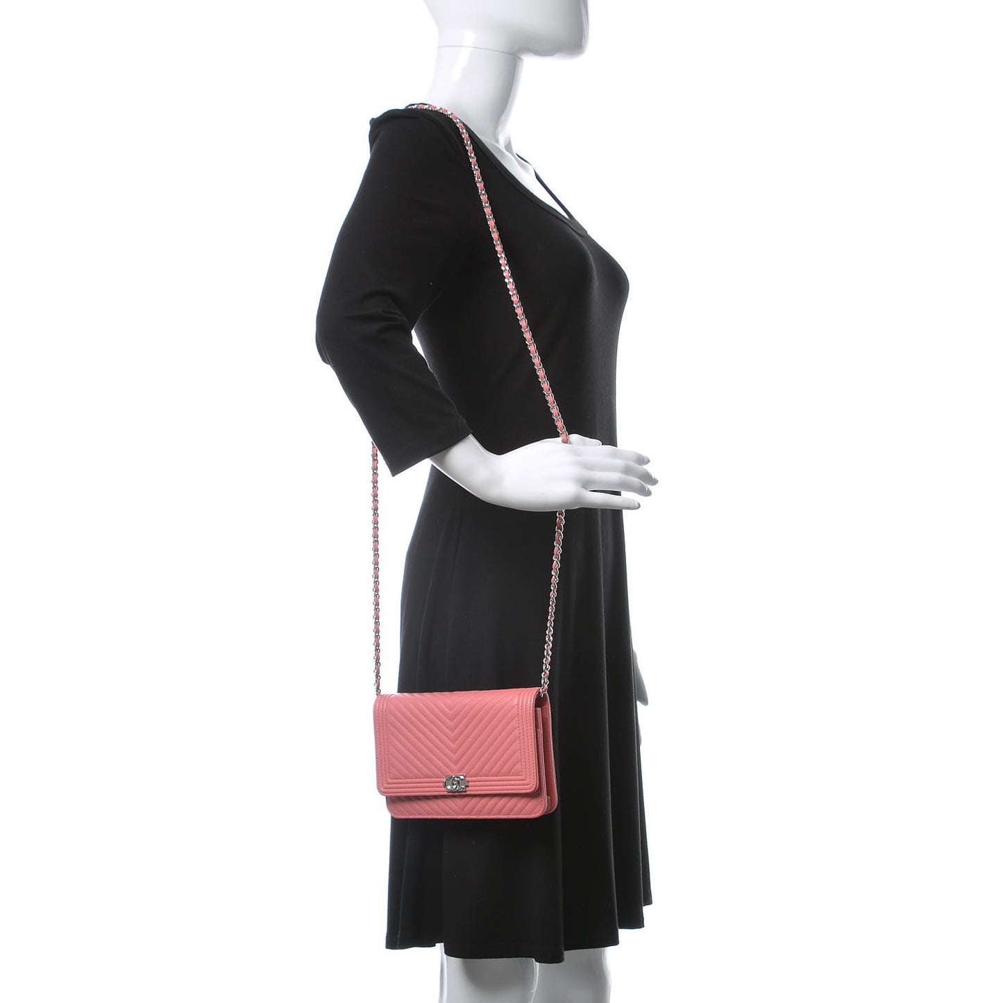 Calfskin Chevron Quilted Boy Wallet On Chain WOC Pink