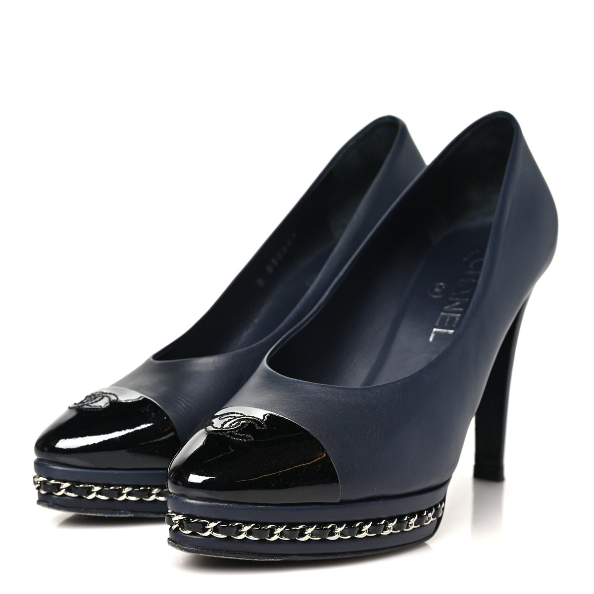 Chanel Calfskin Patent CC Cap Toe Platform Chain Pumps 38.5 Navy Black 4 of 9