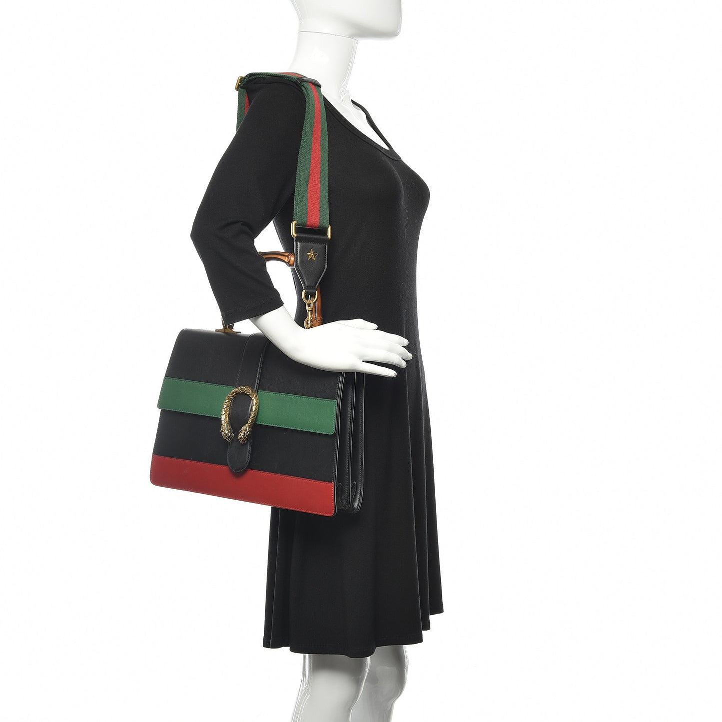 Calfskin Bamboo Web Large Dionysus Top Handle Bag Black Bright Evergreen Hibiscus Red