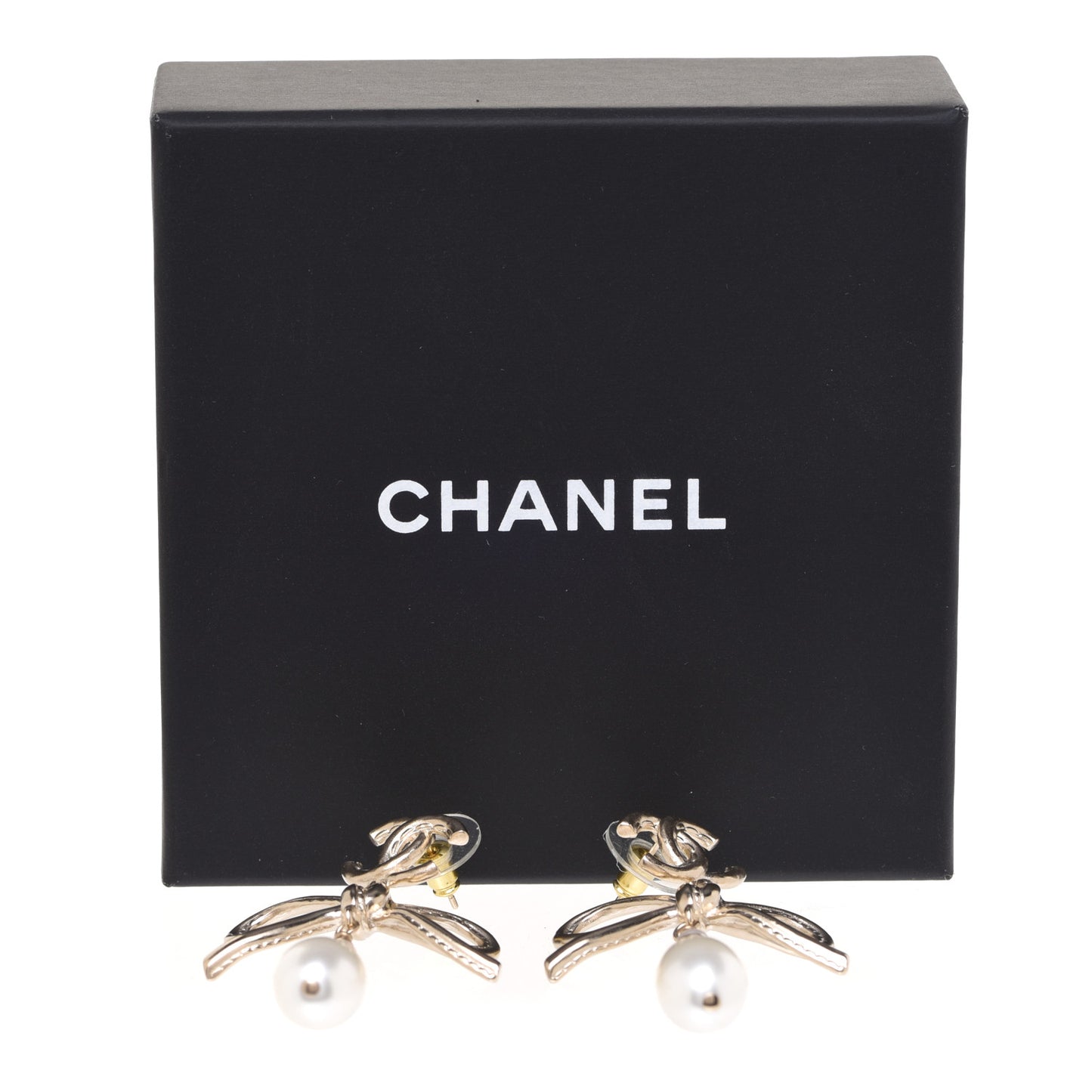 Pearl Crystal CC Bow Drop Earrings Gold Pearly White