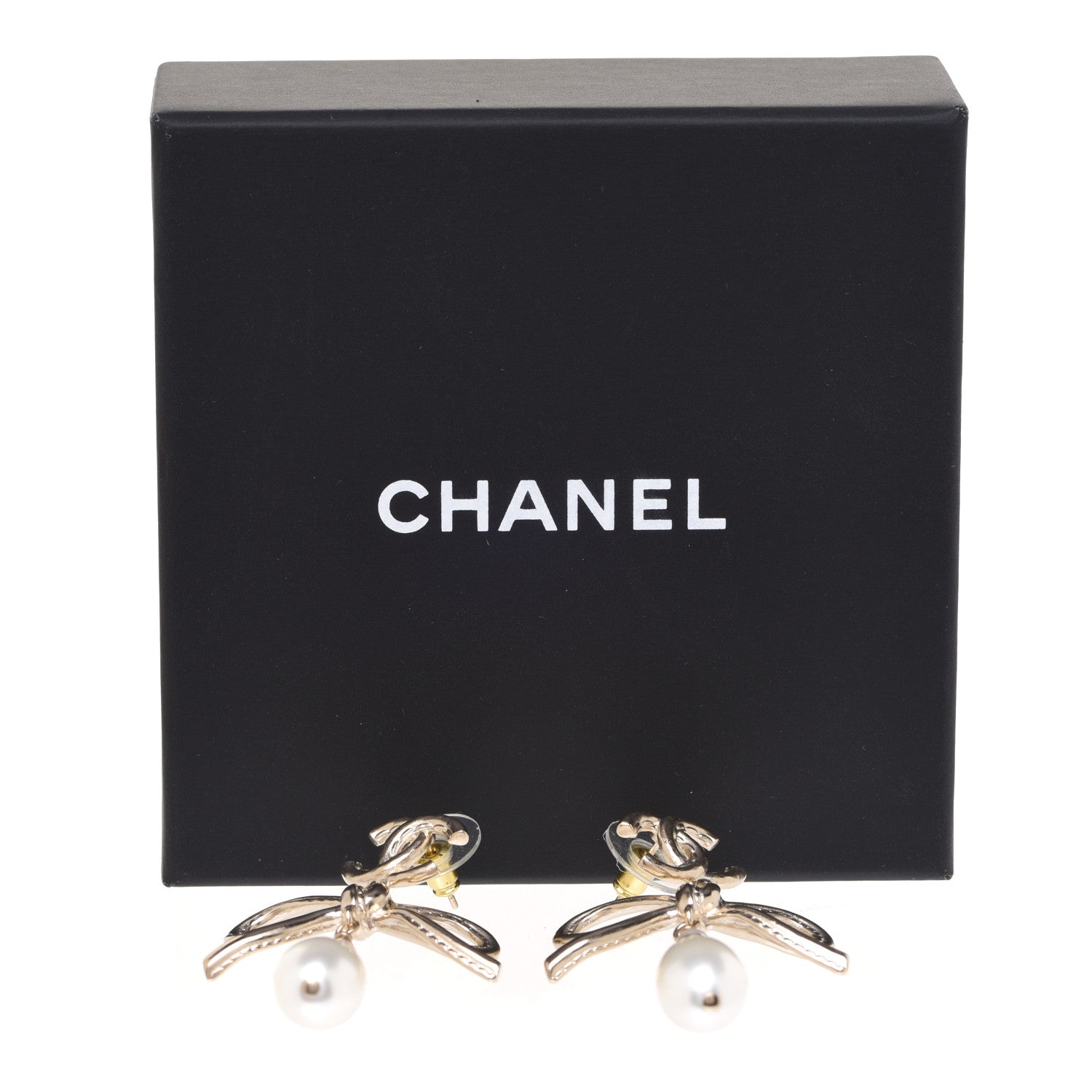 Chanel Pearl Crystal CC Bow Drop Earrings Gold Pearly White 5 of 5