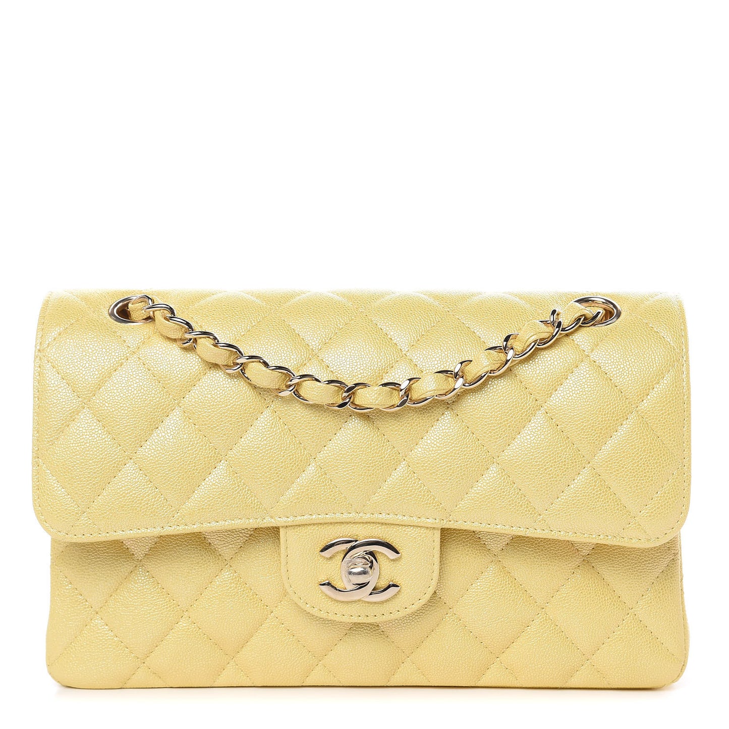 Iridescent Caviar Quilted Small Double Flap Yellow