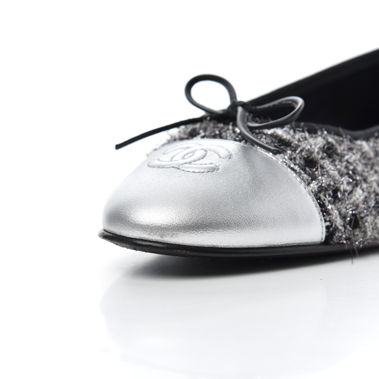 Chanel Metallic Tweed Lambskin Cap Toe Ballerina Flats 41 Black Silver 14 of 15