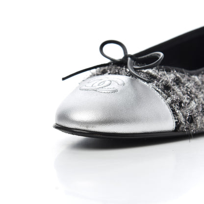Chanel Metallic Tweed Lambskin Cap Toe Ballerina Flats 41 Black Silver 14 of 15