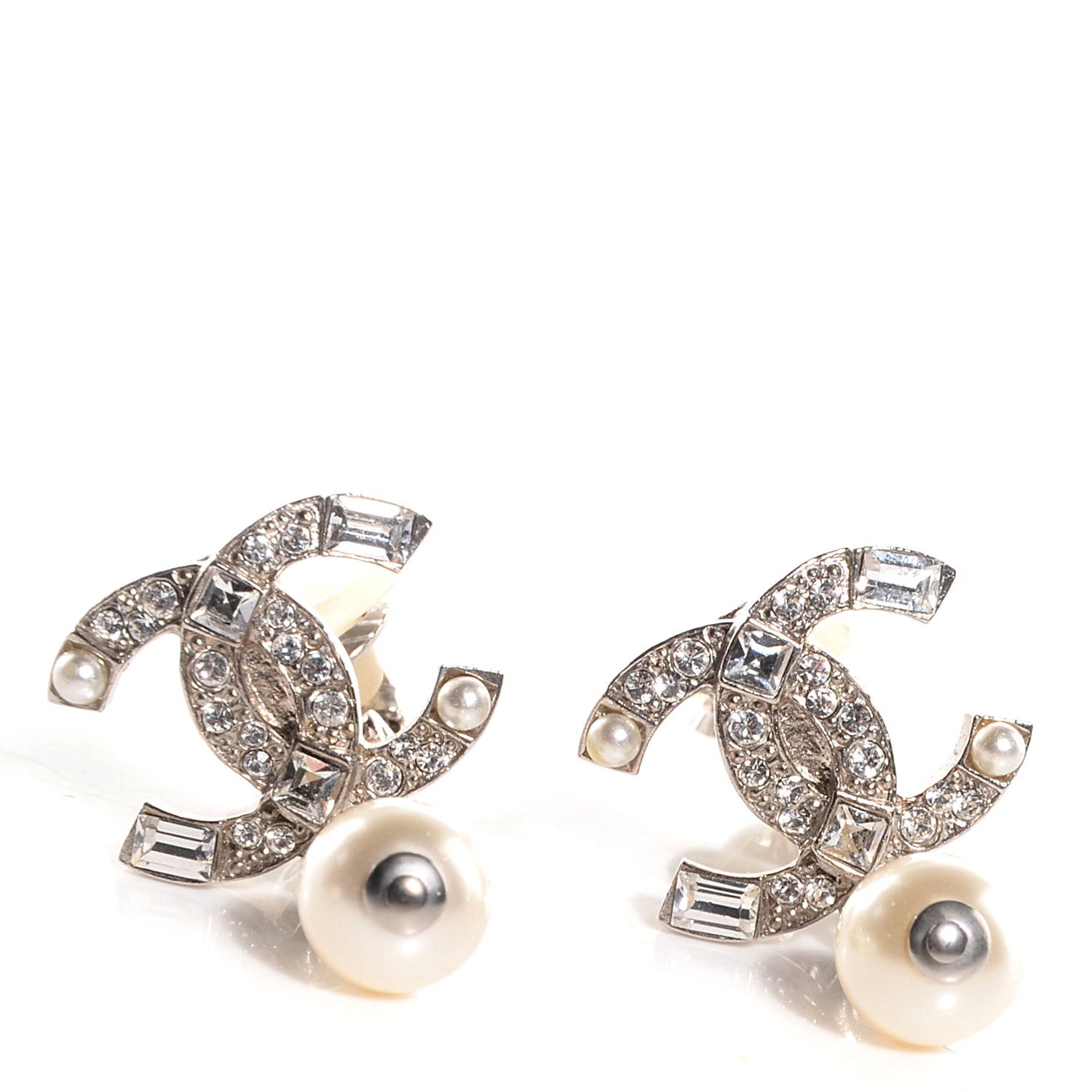 Chanel Crystal Pearl CC Drop Clip On Earrings Silver 1 of 5