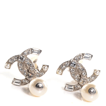 Chanel Crystal Pearl CC Drop Clip On Earrings Silver 1 of 5