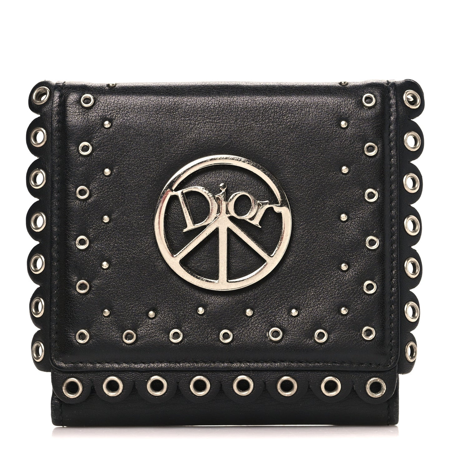 Calfskin Studded Peace Compact Wallet Black
