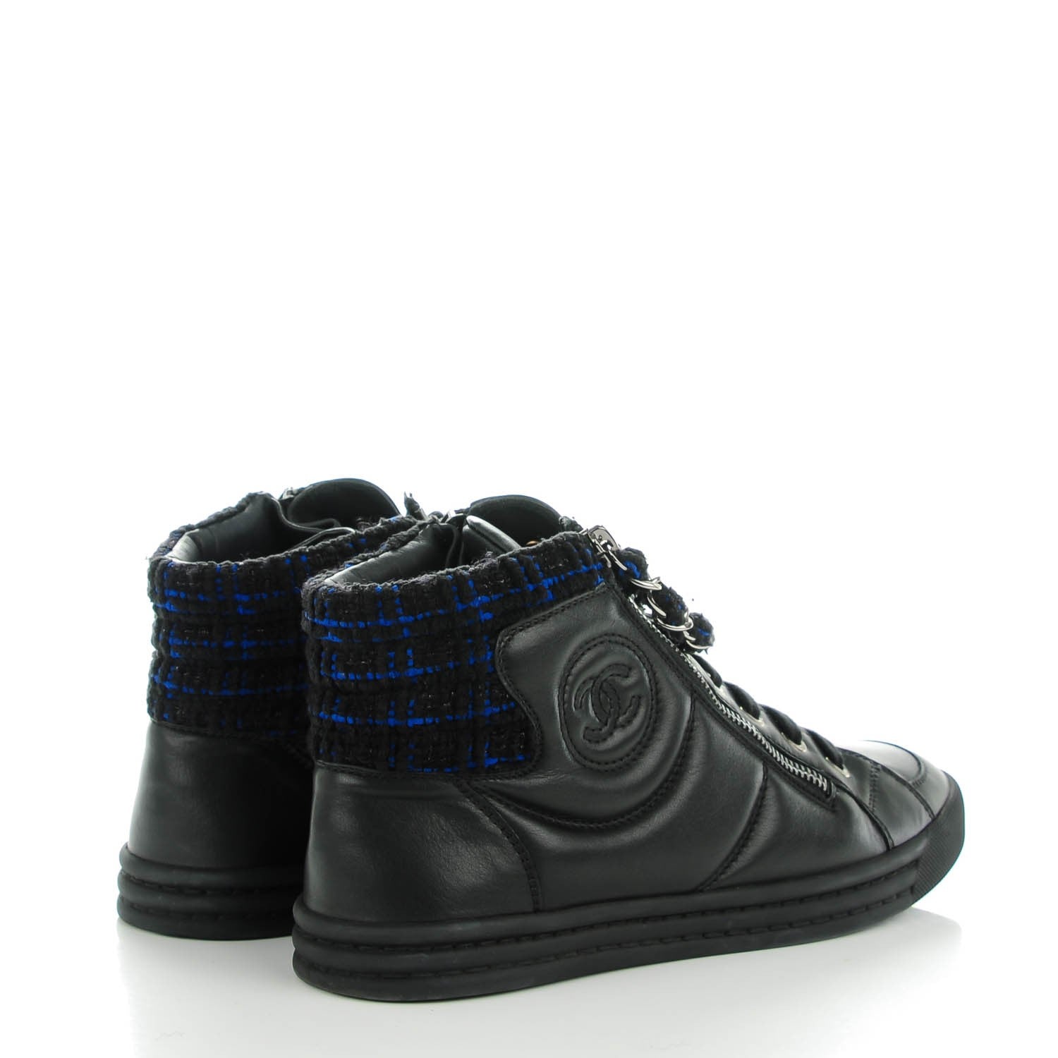 Chanel Lambskin Tweed Zipped Sneakers 38 Black Blue 4 of 9