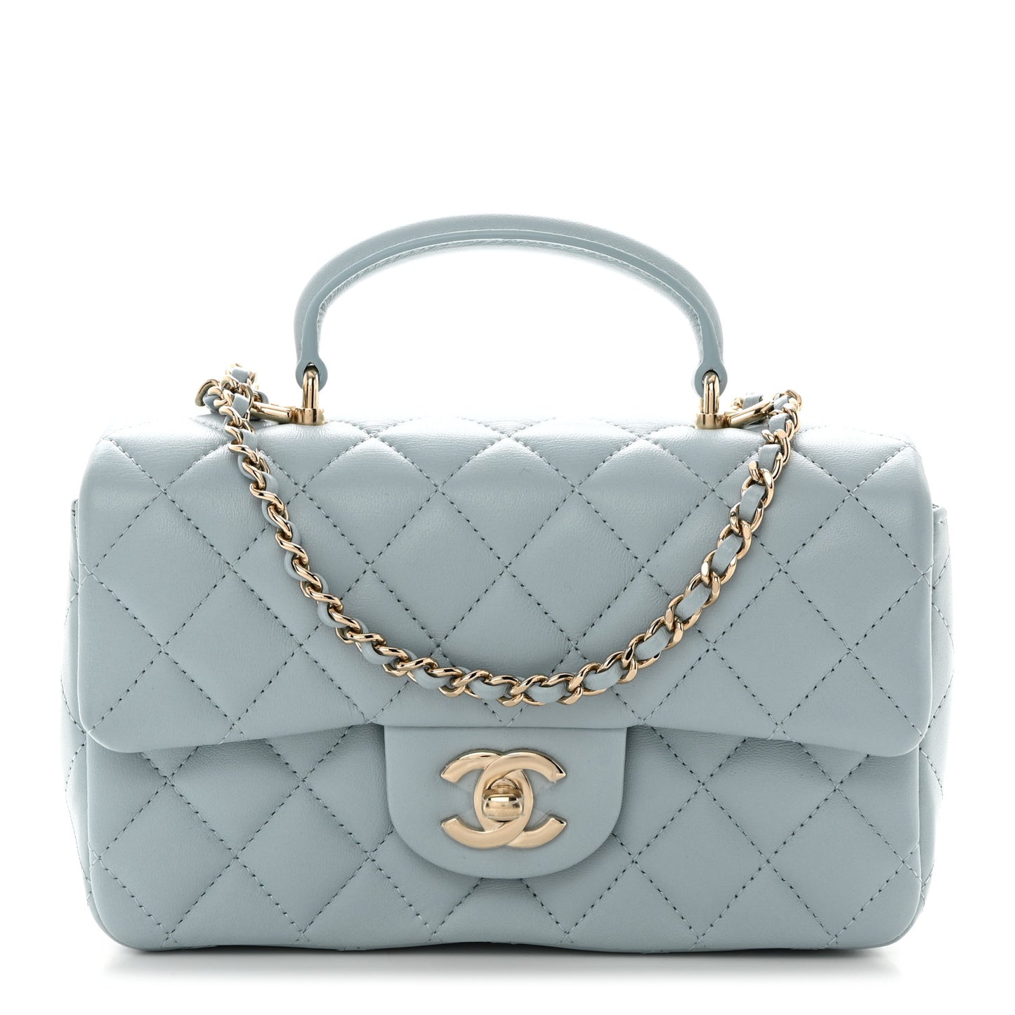 Lambskin Quilted Mini Top Handle Rectangular Flap Light Blue