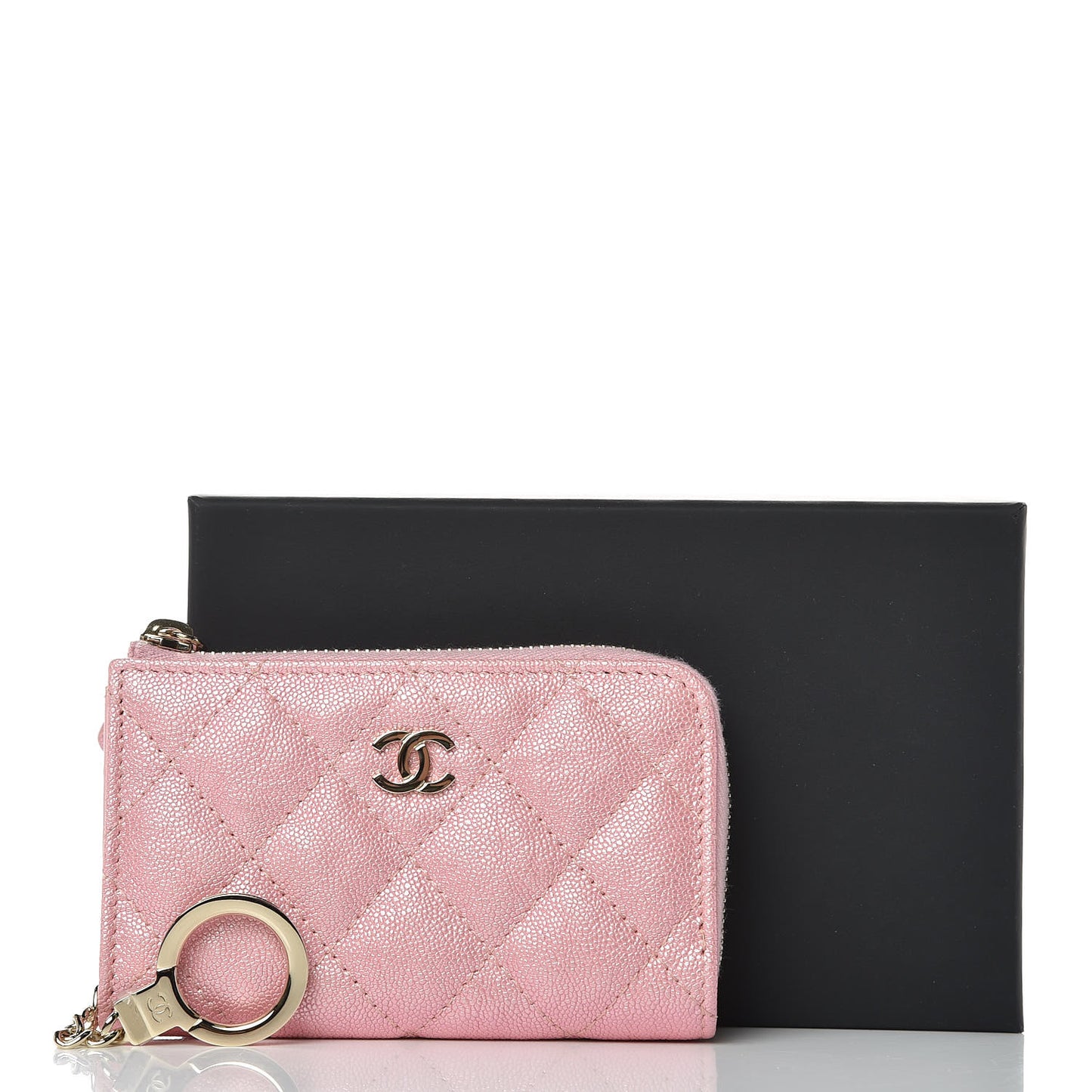 Iridescent Caviar Quilted Zipped Key Holder Case Rose Pink