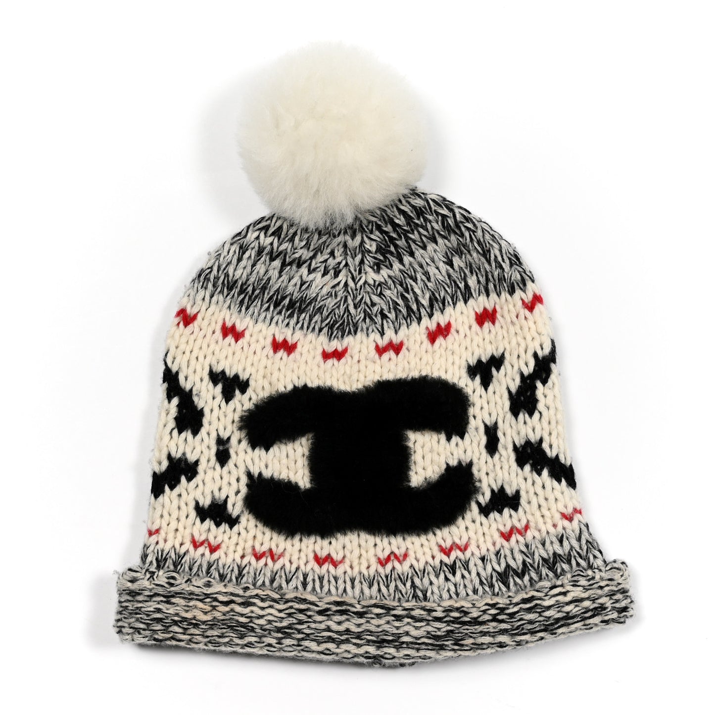 Wool Shearling CC Beanie Hat Grey Black Red