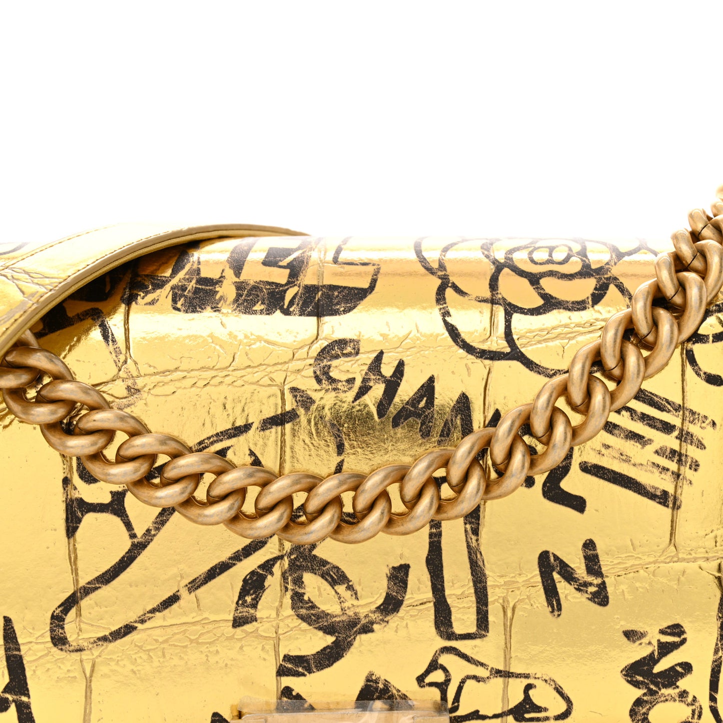 Metallic Calfskin Crocodile Embossed Graffiti Medium Cocodile Boy Flap Gold