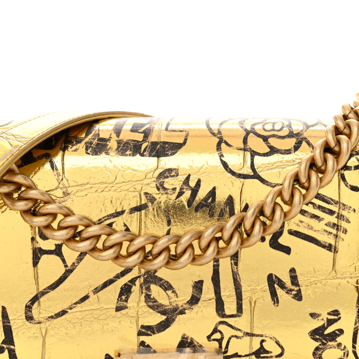 Chanel Metallic Calfskin Crocodile Embossed Graffiti Medium Cocodile Boy Flap Gold 8 of 11