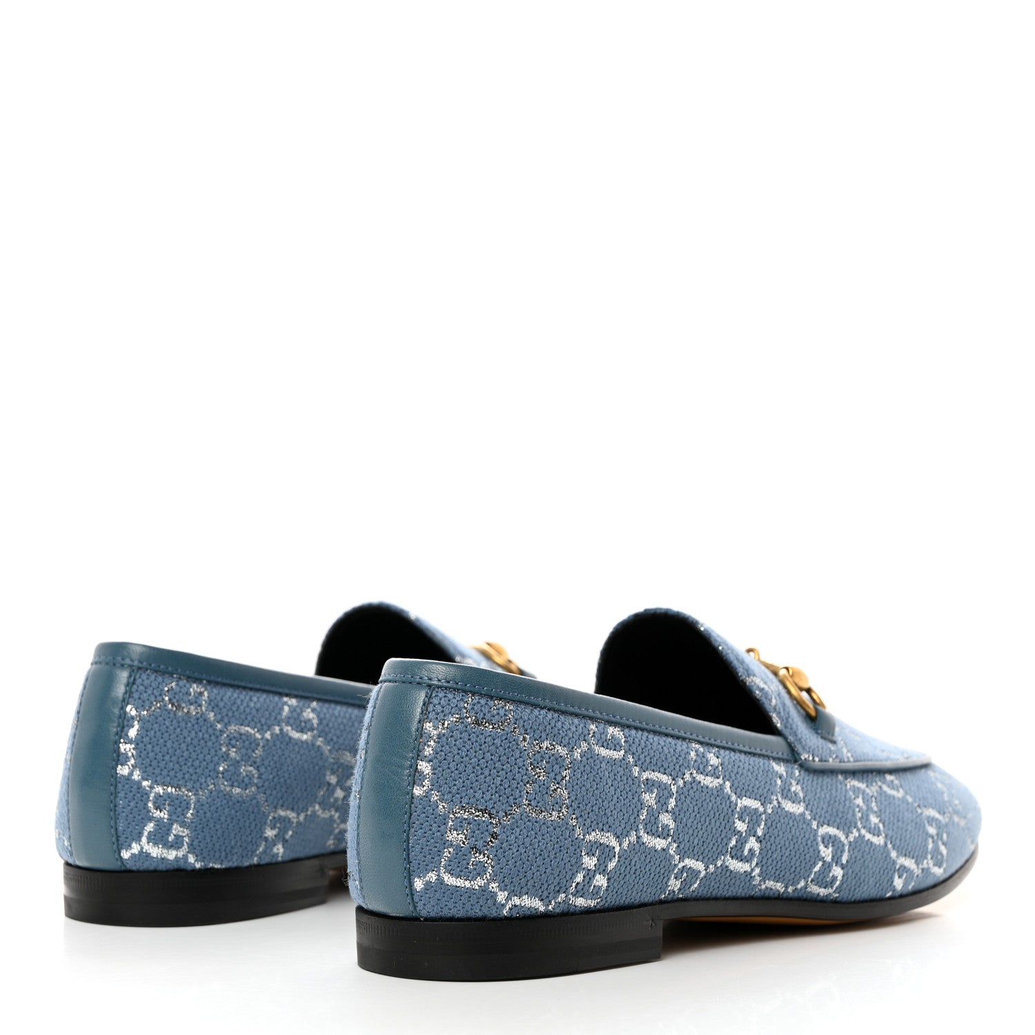 Gucci Canvas Lame GG Monogram Horsebit Womens Jordaan Loafers 37 Blue Silver Cornflower Blue 4 of 9