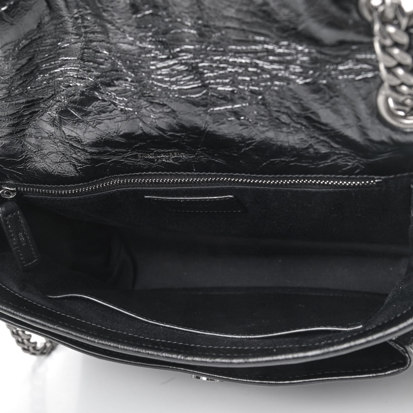 Crinkled Calfskin Matelasse Monogram Medium Niki Chain Satchel Black