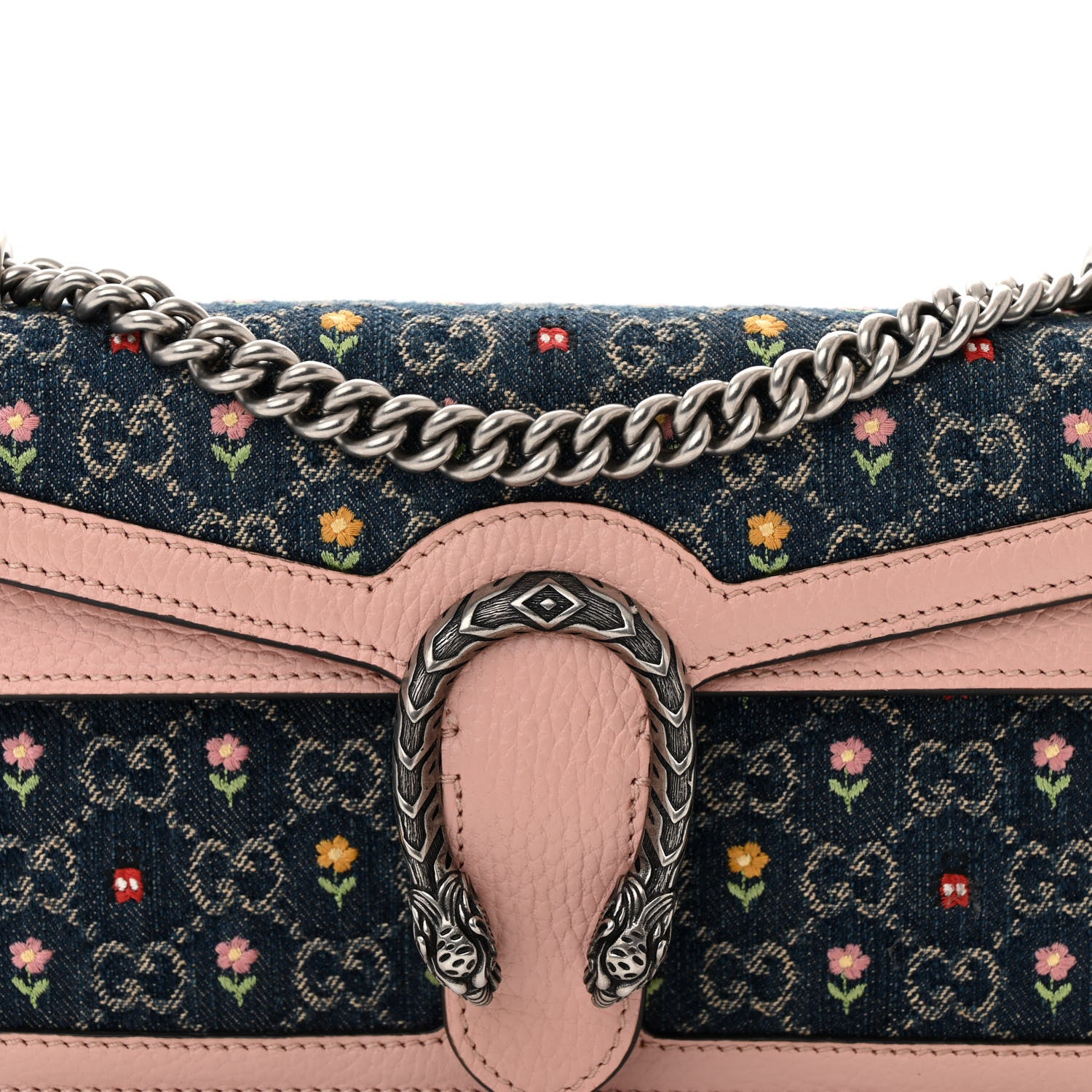 Gucci New Denim Dollar Calfskin Floral GG Monogram Small Dionysus Shoulder Bag Blue Tea Multicolor Powder Pink 9 of 11
