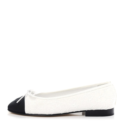 Chanel Fabric Camellia Embroidered Cap Toe Ballerina Flats 37 White Black 1 of 10