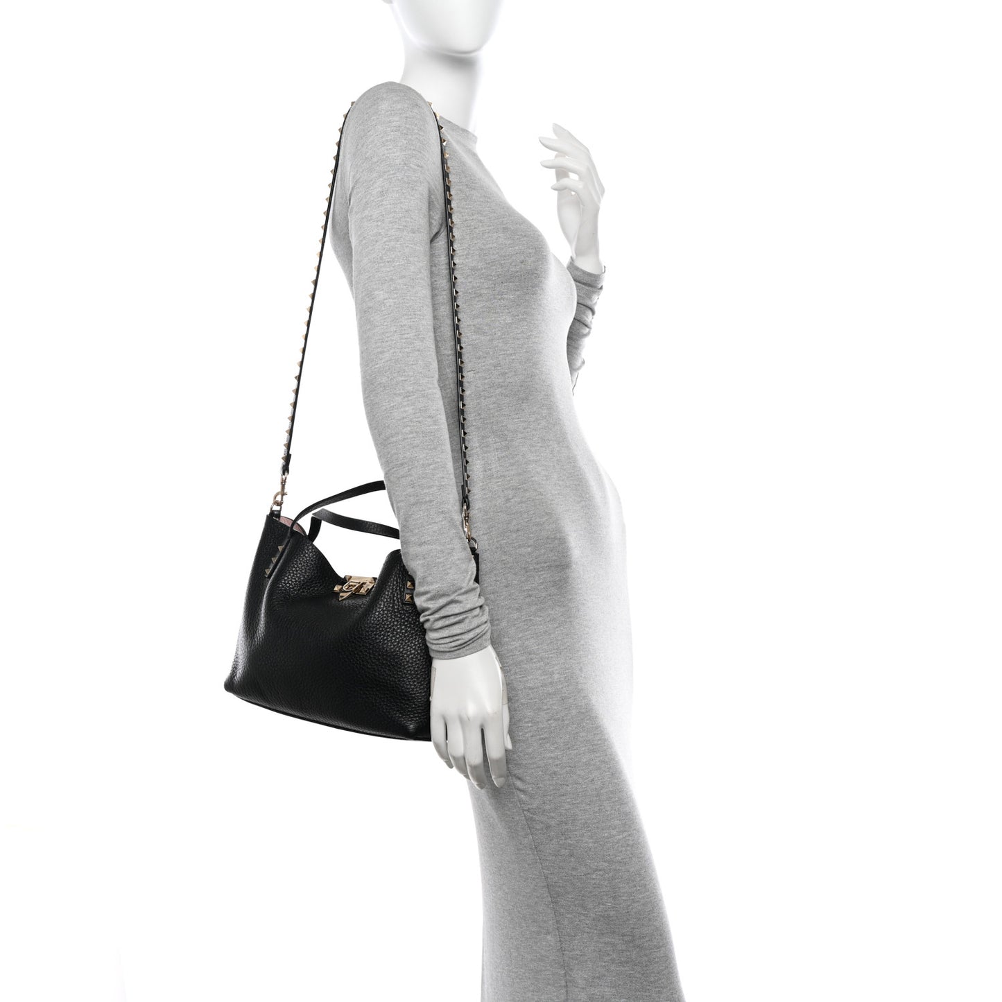 Grained Calfskin Small Rockstud Flip Lock Tote Black Rose Quartz