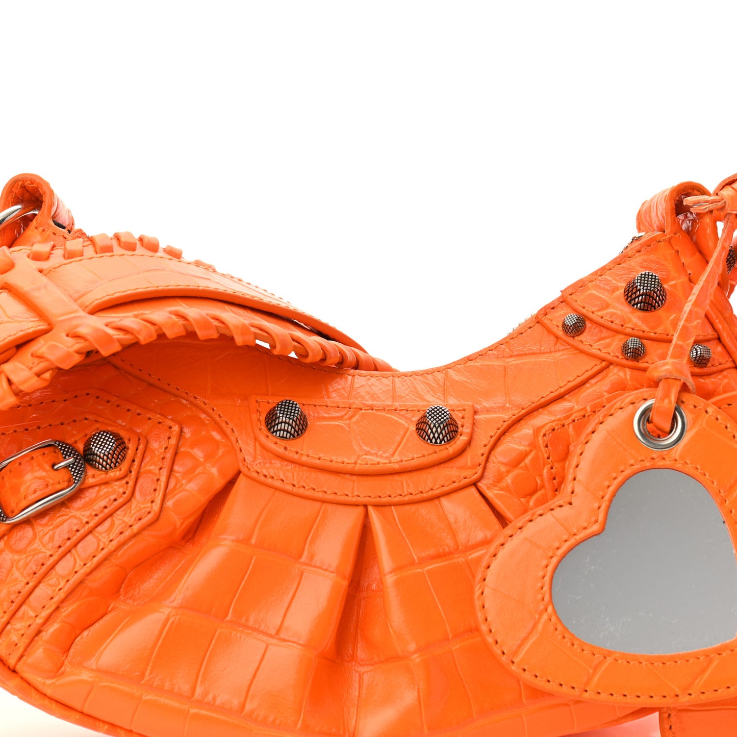 Extra Supple Calfskin Crocodile Embossed Le Cagole Shoulder Bag XS Pop Orange