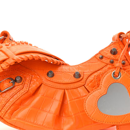 Balenciaga Extra Supple Calfskin Crocodile Embossed Le Cagole Shoulder Bag XS Pop Orange 8 of 11