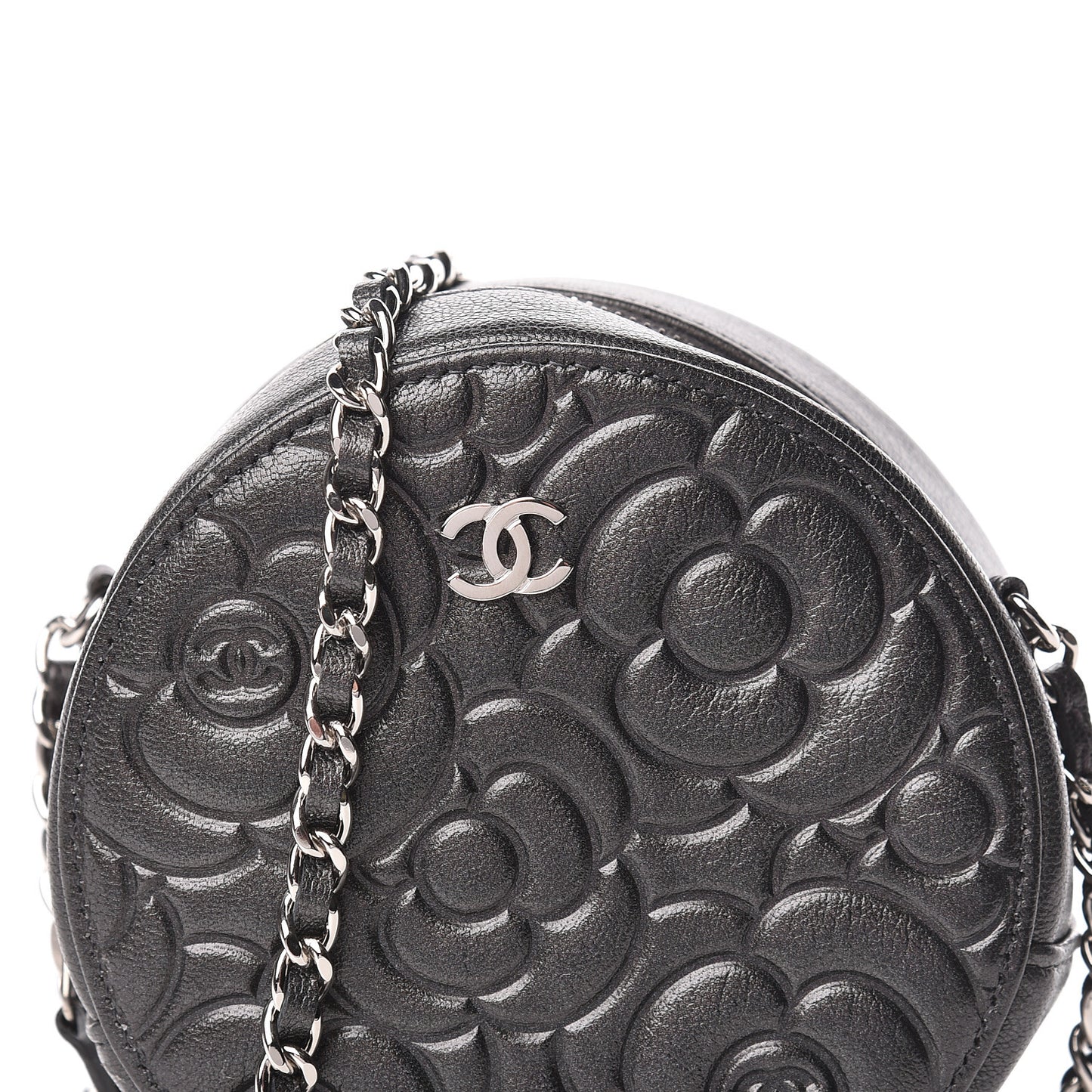 Goatskin Camellia Quilted Round Clutch With Chain Grey