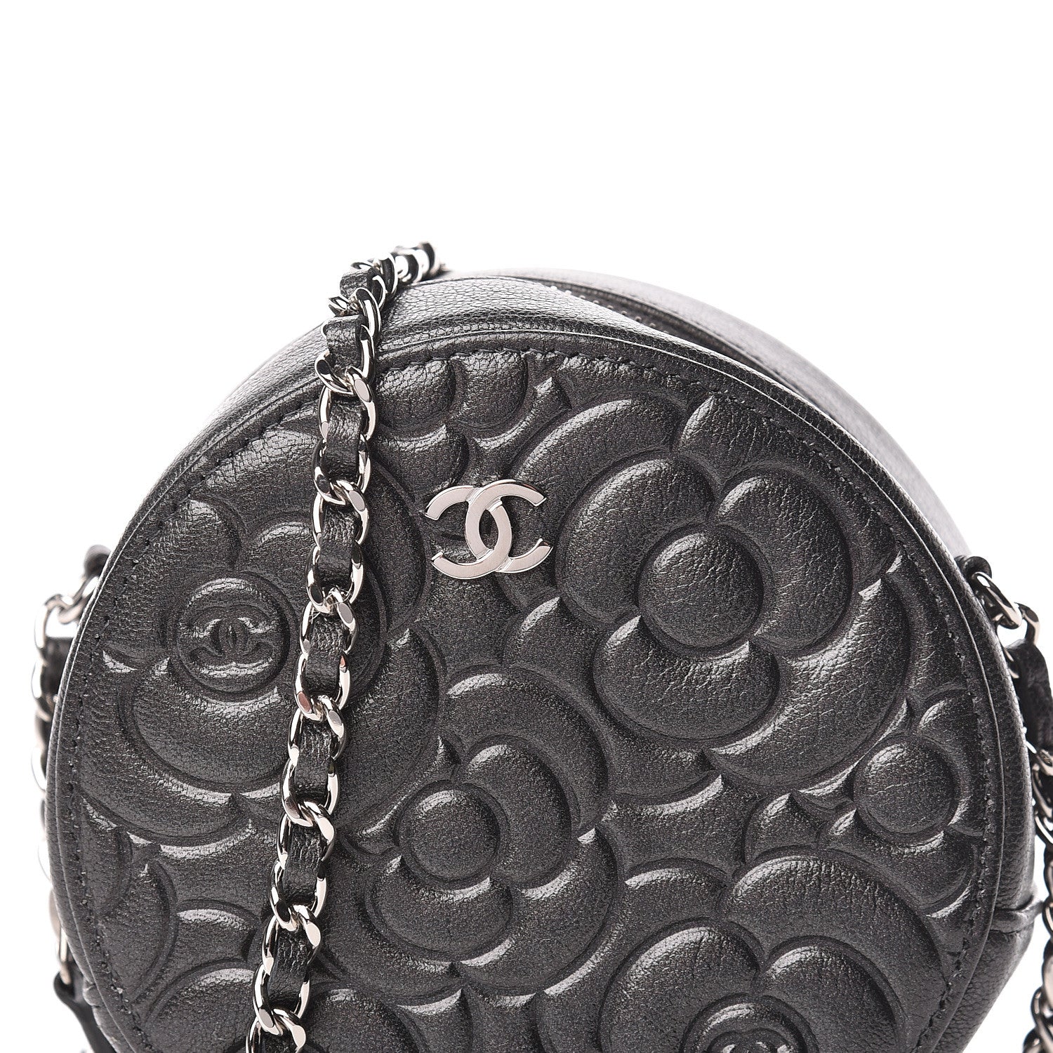 Chanel Goatskin Camellia Quilted Round Clutch With Chain Grey 10 of 10