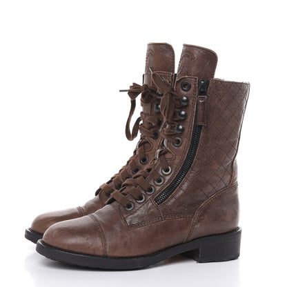 Chanel Sheepskin Quilted CC Tall Lace Up Combat Boots 36 Dark Brown 3 of 14