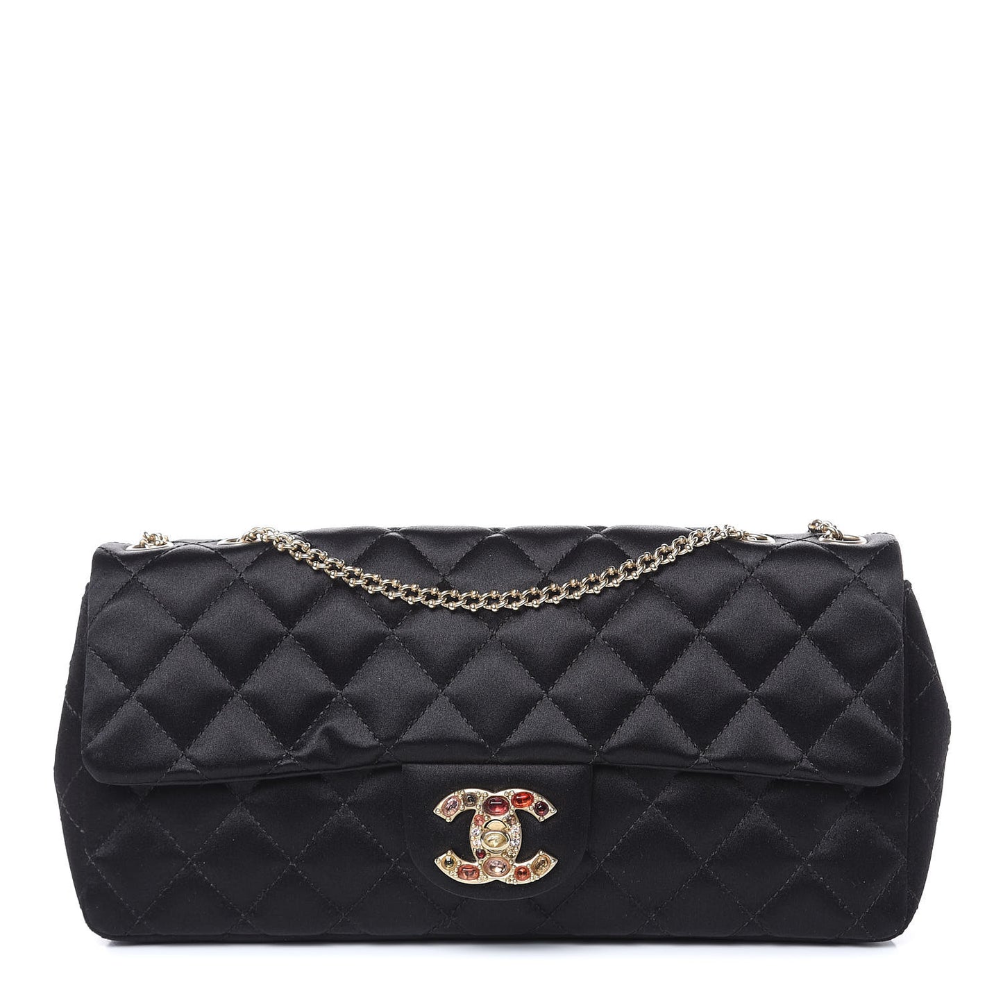 Satin Quilted Jeweled East West Flap Black
