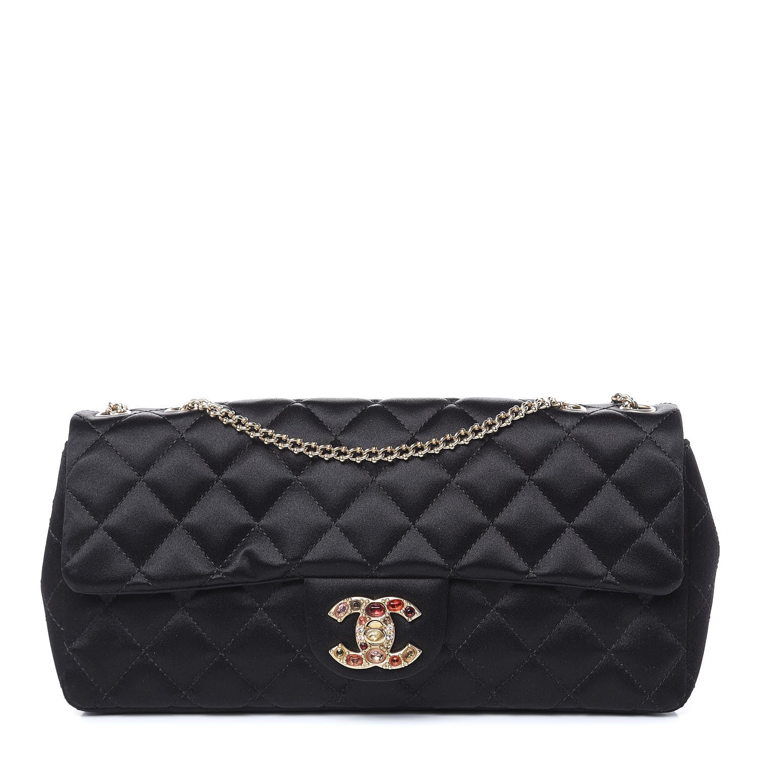 Chanel Satin Quilted Jeweled East West Flap Black 1 of 9