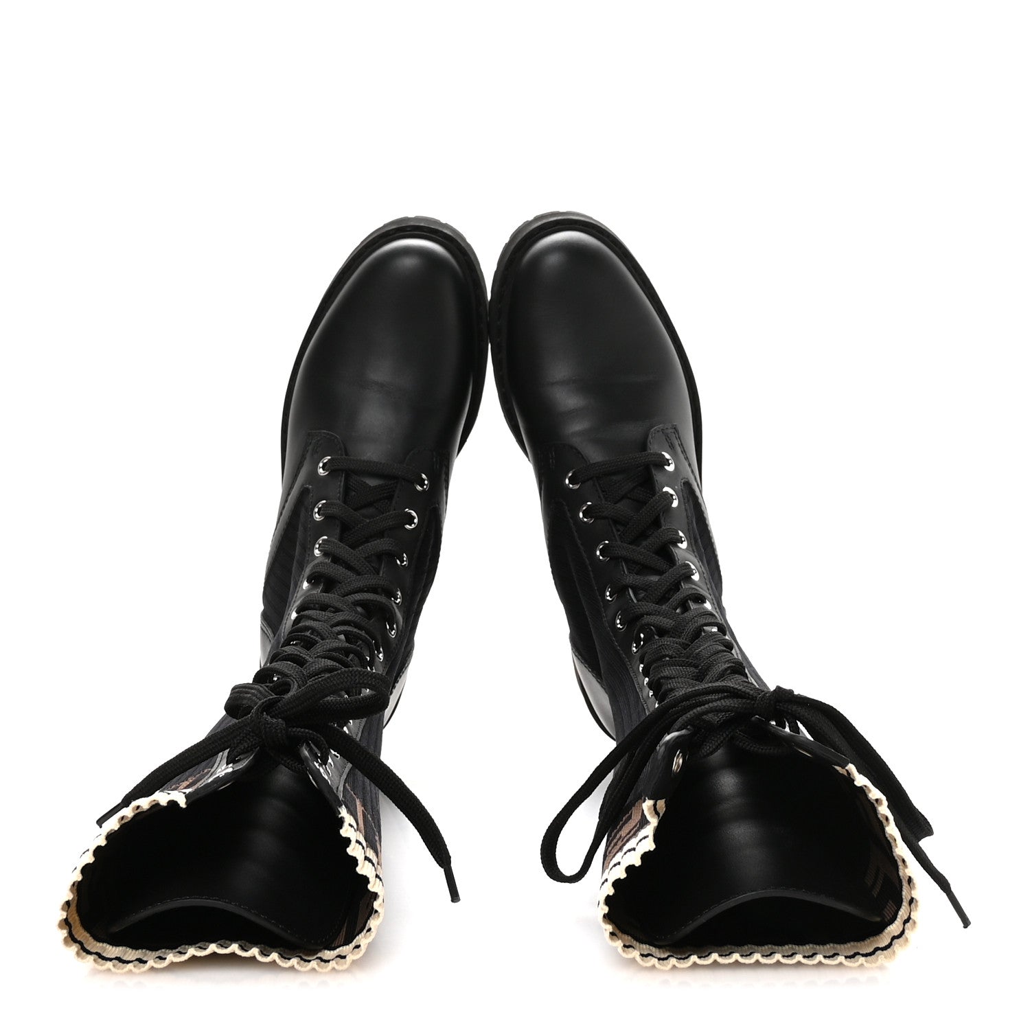 Fendi Calfskin Stretch Fabric FF Rockoko Tall Biker Boots 37 Tobacco Black Marino 2 of 8