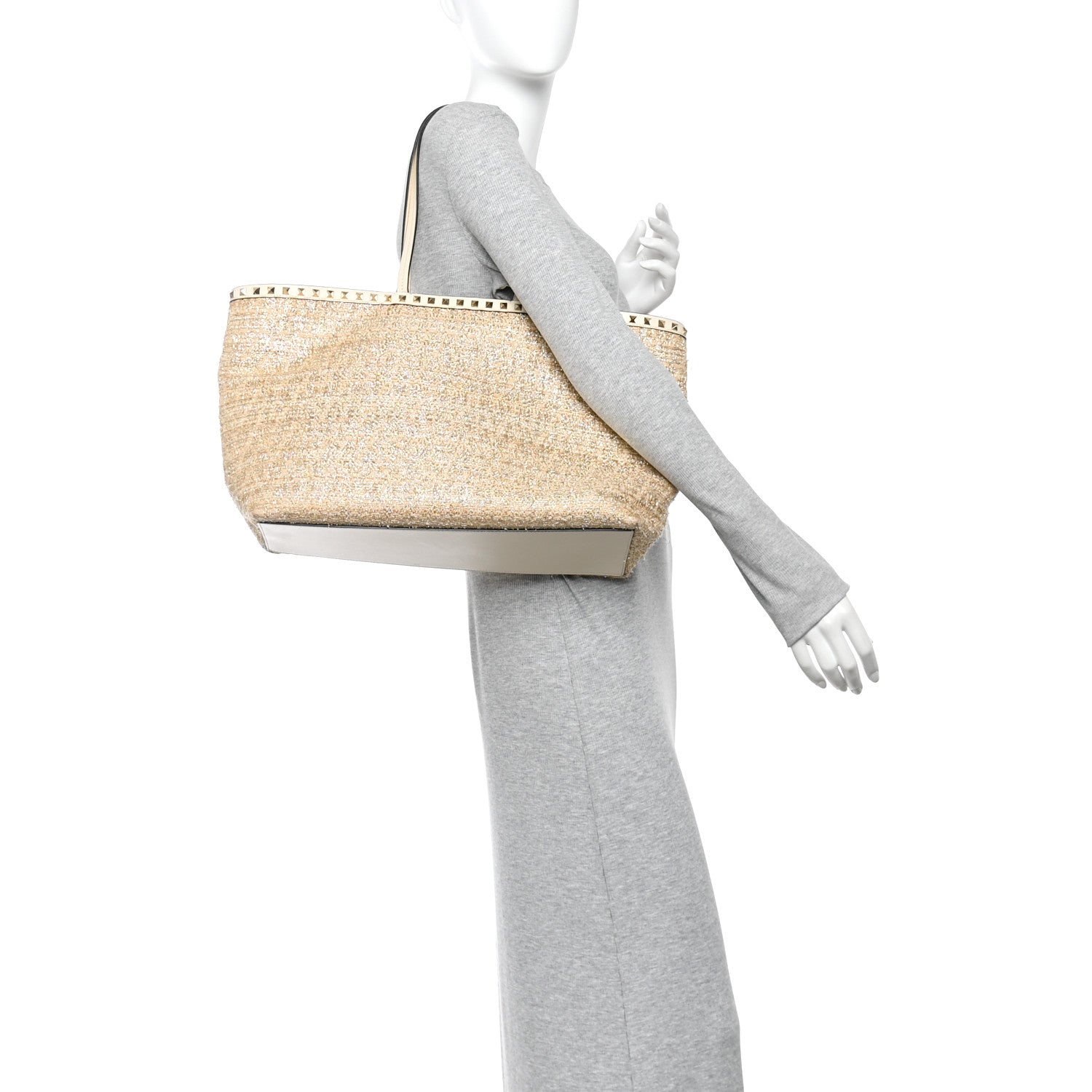 Valentino Garavani Metallic Boucle Raffia Calfskin Rockstud Shoulder Tote White Gold Ivory 2 of 15