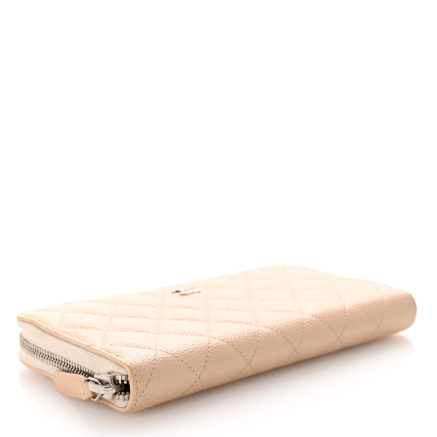 Iridescent Caviar Quilted Large Gusset Zip Around Wallet Beige