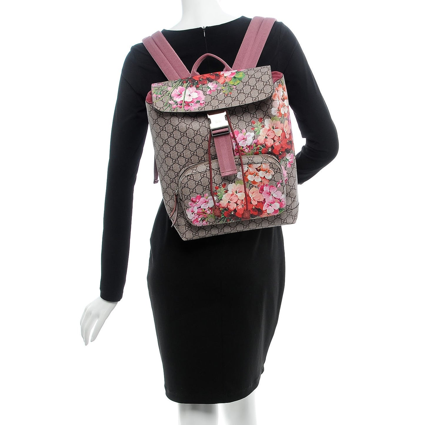GG Supreme Monogram Blooms Medium Single Buckle Backpack Beige Multicolor Dry Rose