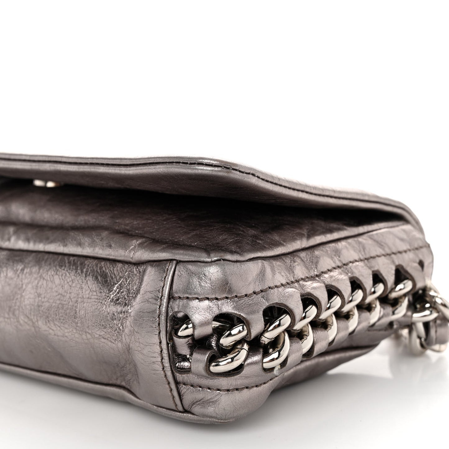 Metallic Cracked Calfskin Modern Chain Flap Bag Dark Silver