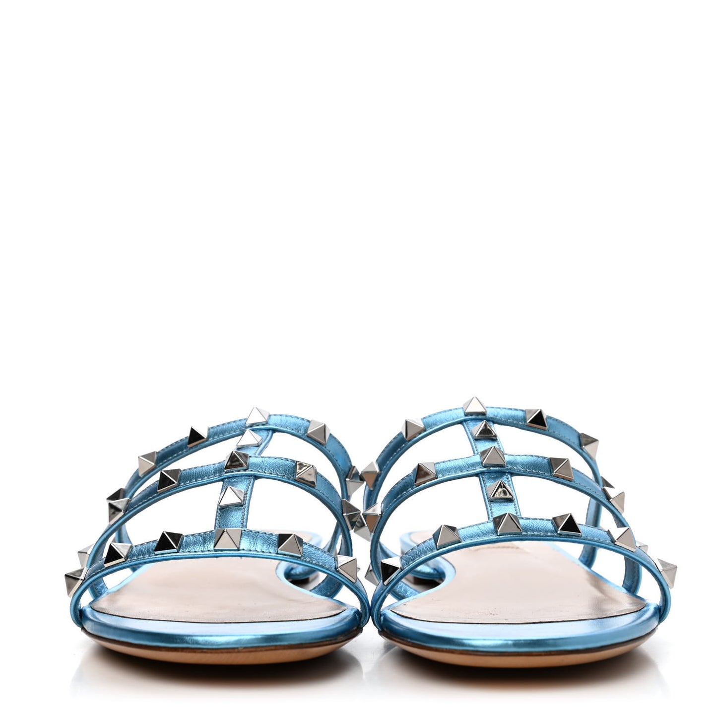 Metallic Nappa Rockstud Caged Flat Slide Sandals 39.5 Cerulean