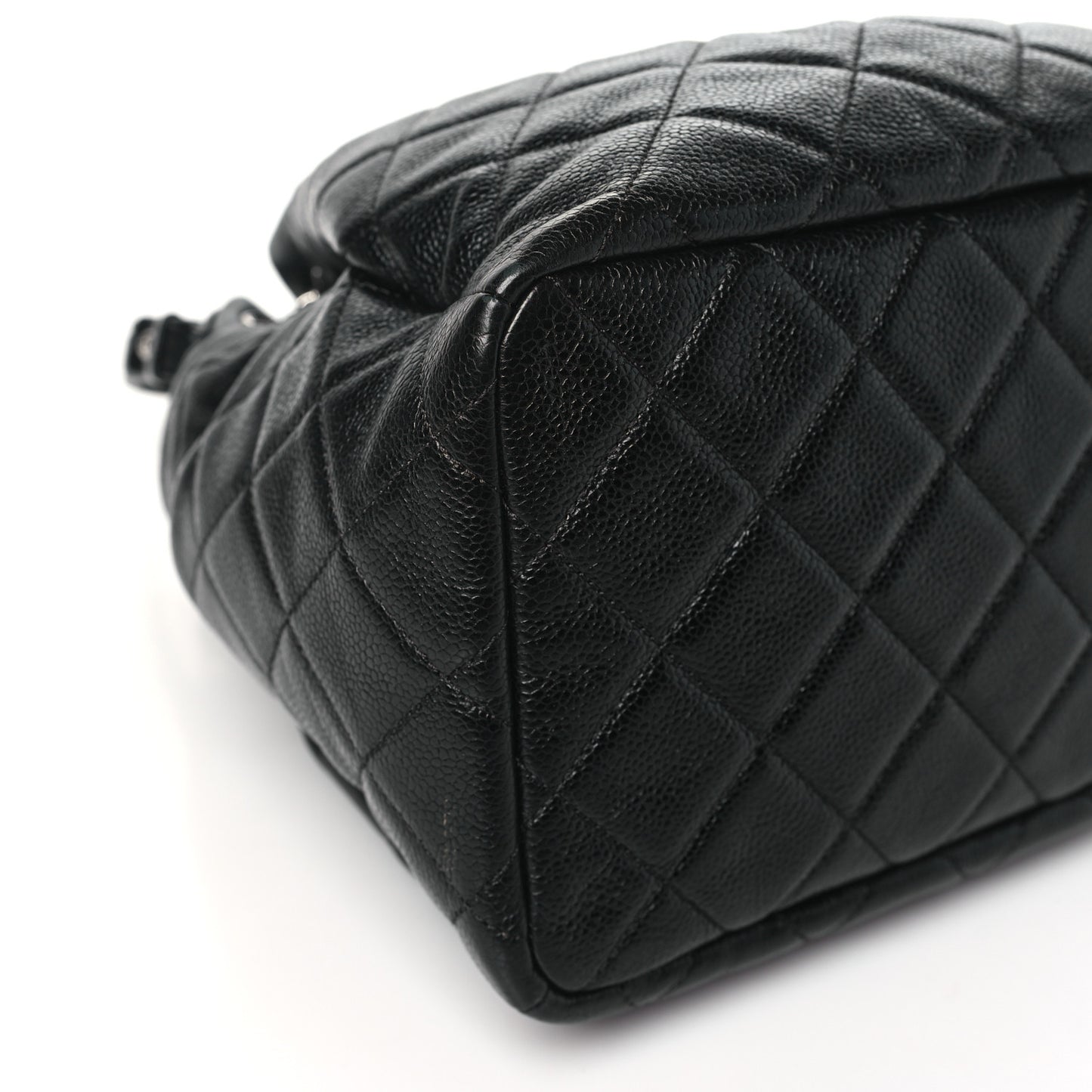 Caviar Flat Quilted CC Chain Bucket Drawstring Bag Black