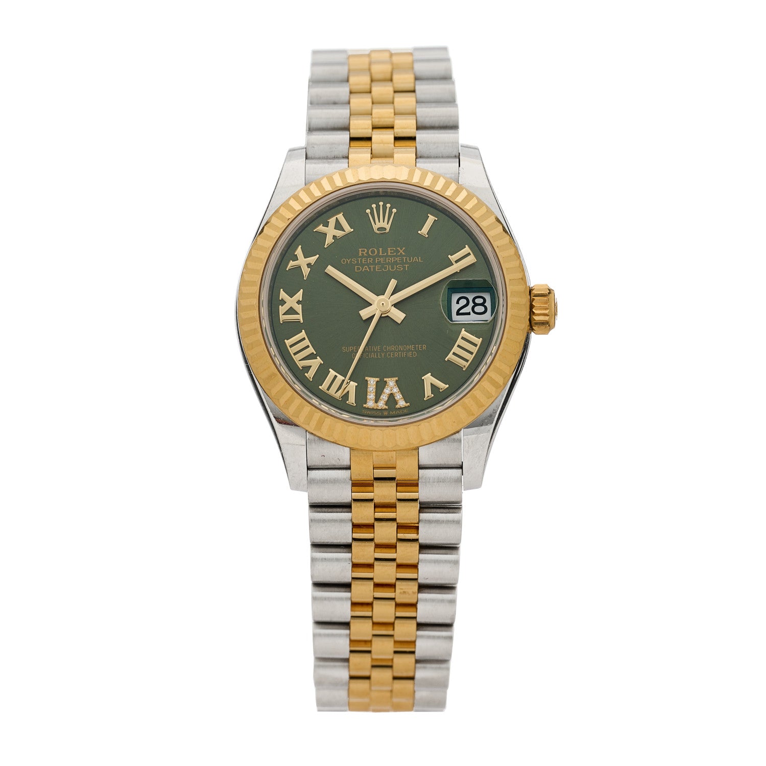 Rolex Stainless Steel 18K Yellow Gold Diamond 31mm Oyster Perpetual Datejust Watch Olive Green Roman 278273 1 of 5