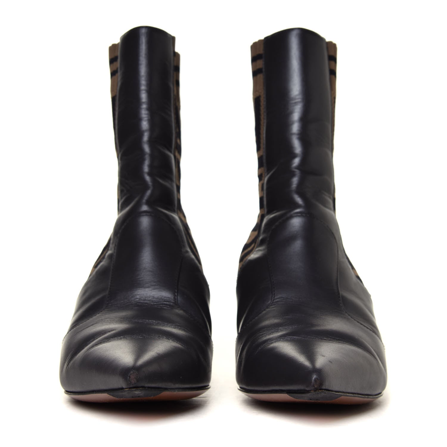 Fendi Vitellino Microfiber Fabric FF Rockoko Low Heel Sock Boots 35.5 Black Tobacco 3 of 12