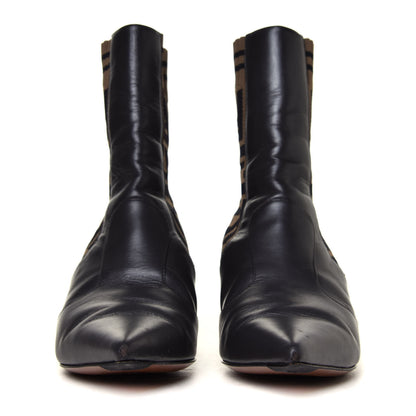 Fendi Vitellino Microfiber Fabric FF Rockoko Low Heel Sock Boots 35.5 Black Tobacco 3 of 12