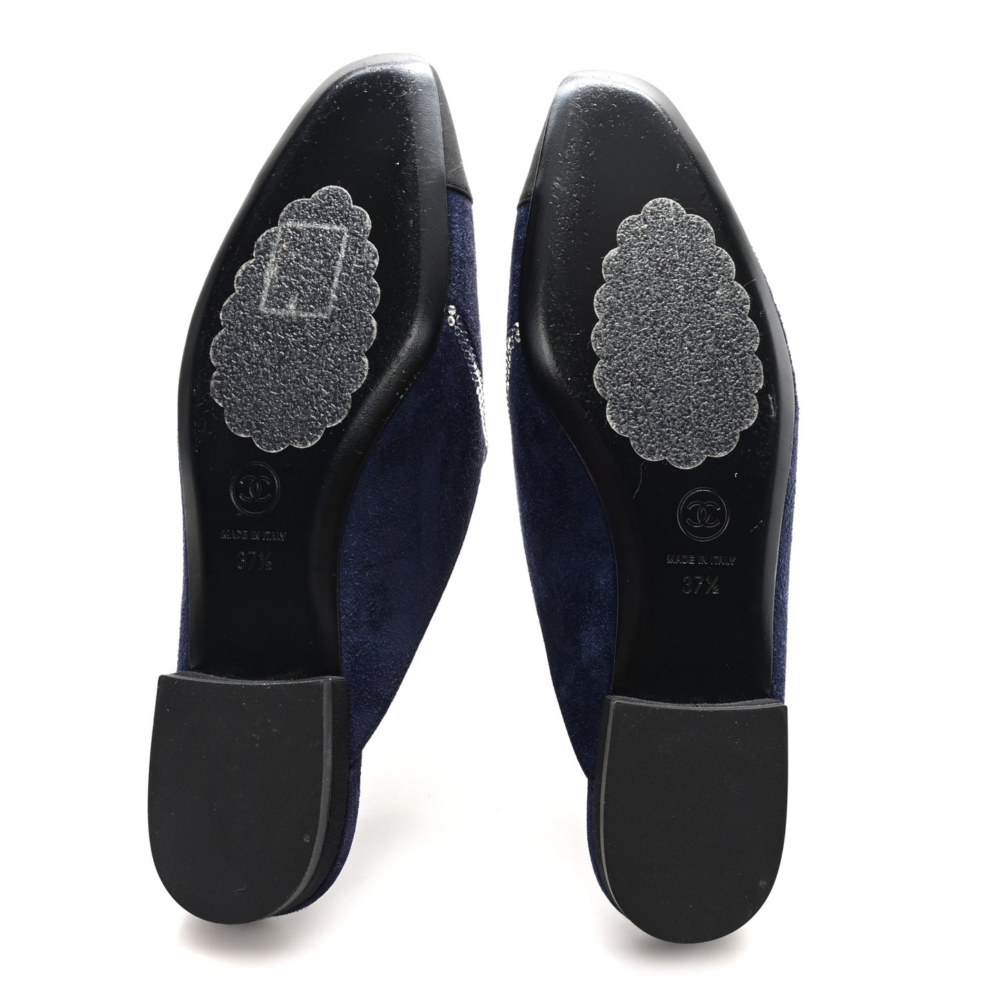 Suede Calfskin Grosgrain Crystal CC Star Mules  37.5 Blue Black