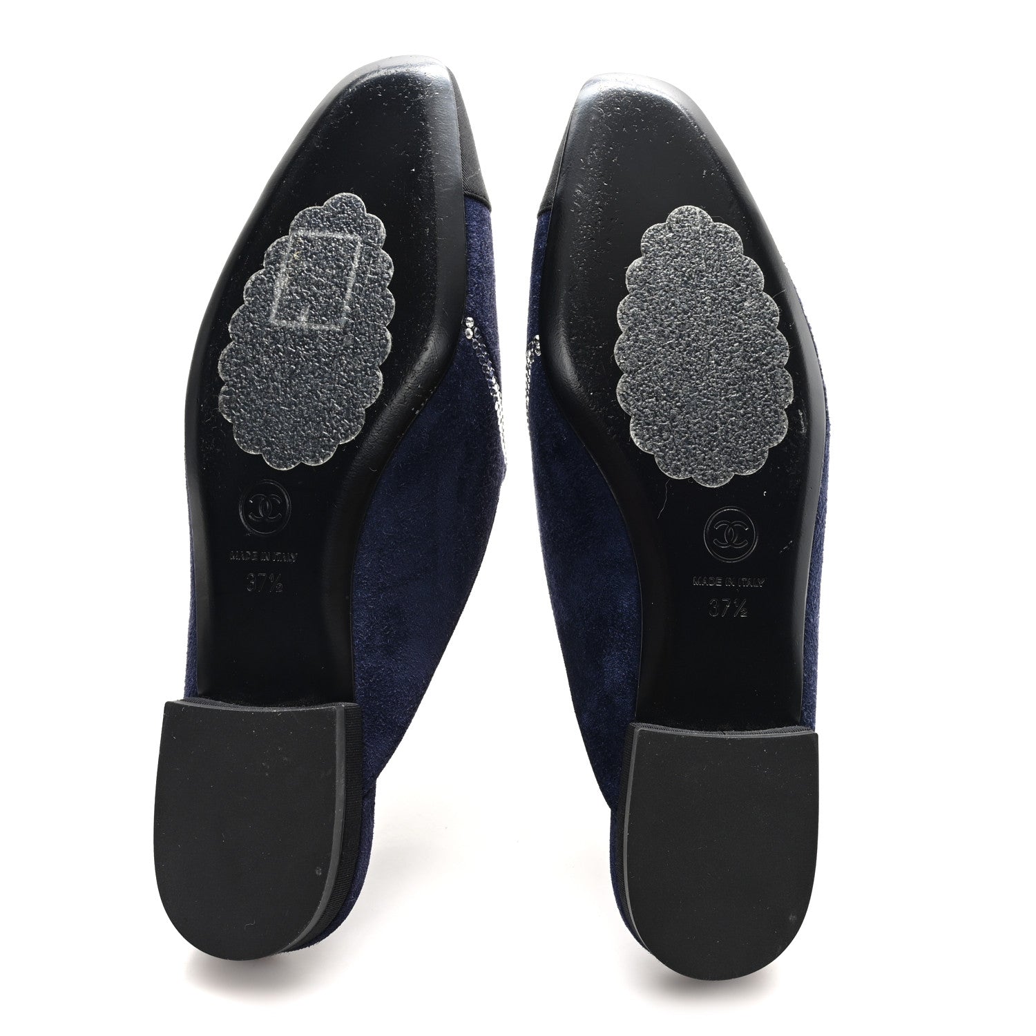Chanel Suede Calfskin Grosgrain Crystal CC Star Mules  37.5 Blue Black 6 of 9