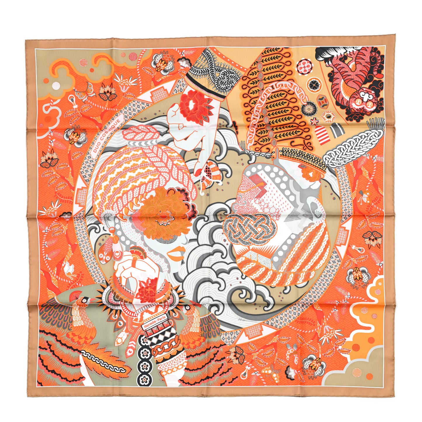 Silk Twill Duo Cosmique Scarf 90 Caramel Orange Gris