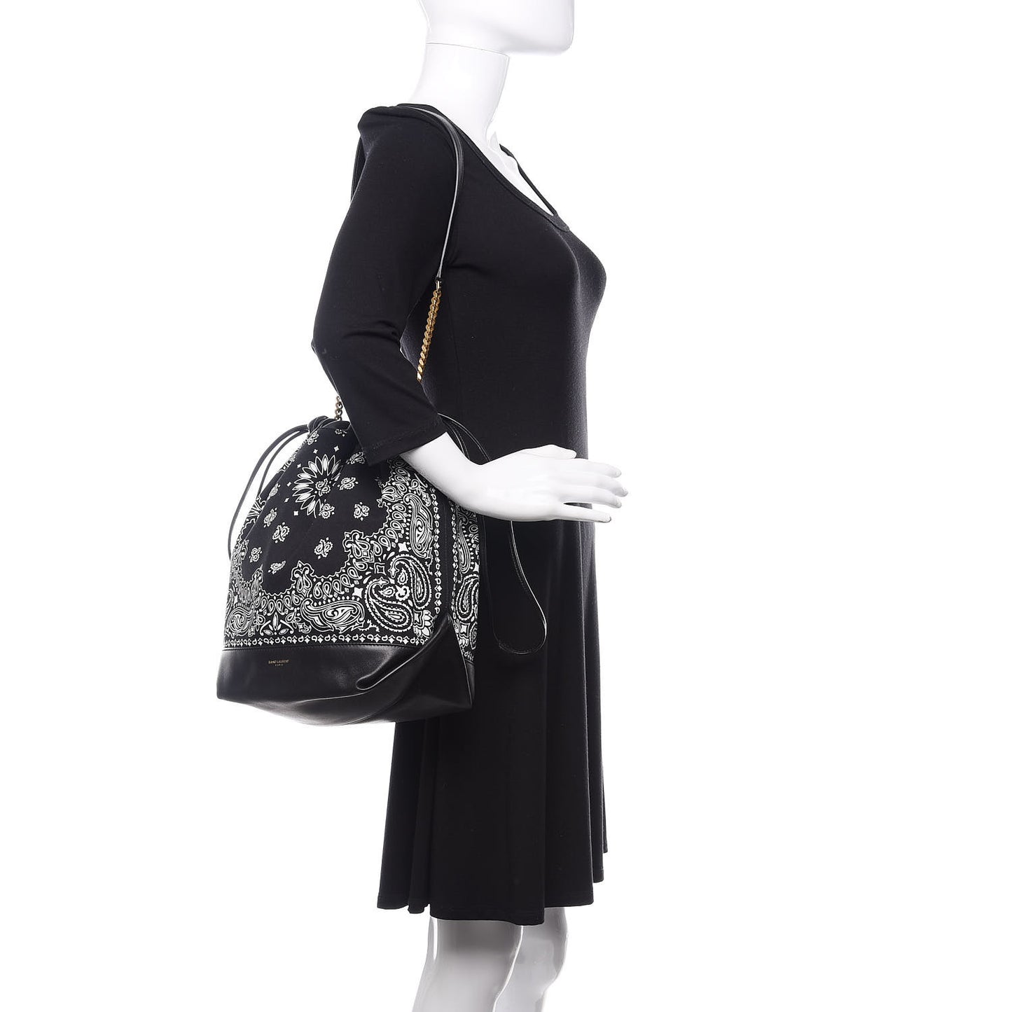 Canvas Calfskin Bandana Teddy Drawstring Bag Black