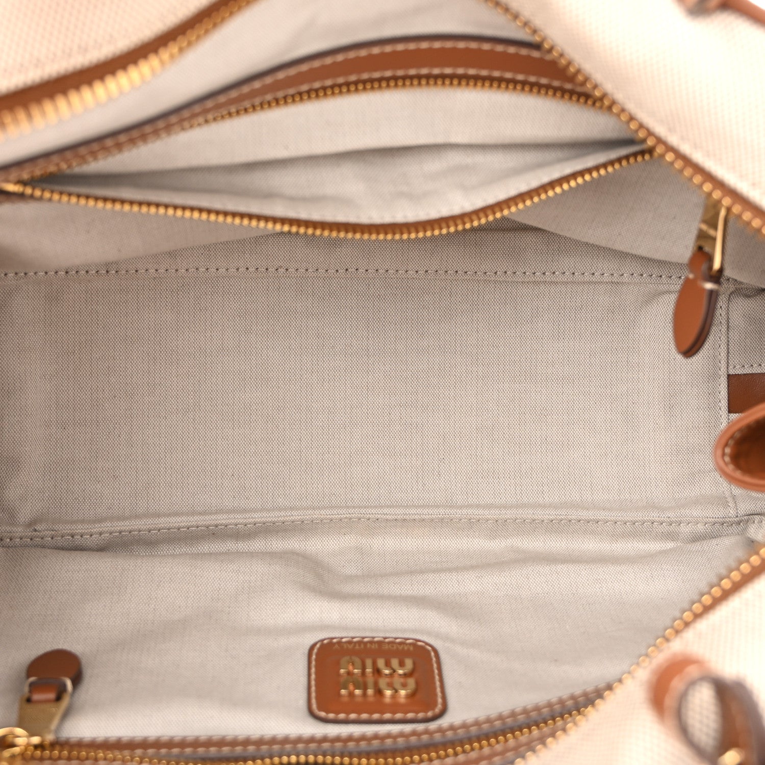Miu Miu Canvas Calfskin Large Beau Top Handle Bag Naturale Brandy 5 of 10