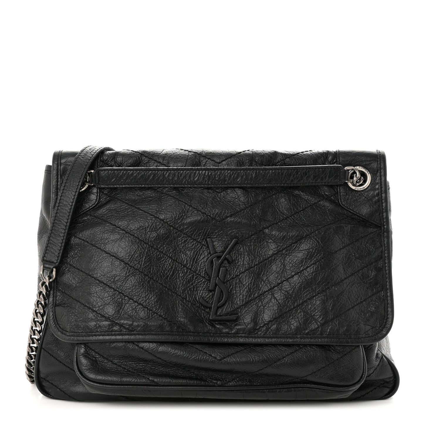 Crinkled Calfskin Matelasse Monogram Large Niki Chain Satchel Black