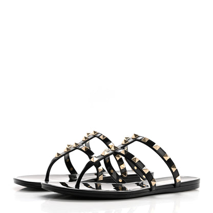 Valentino Garavani PVC Jelly Rockstud Caged Flat Thong Sandals 38 Black 3 of 8