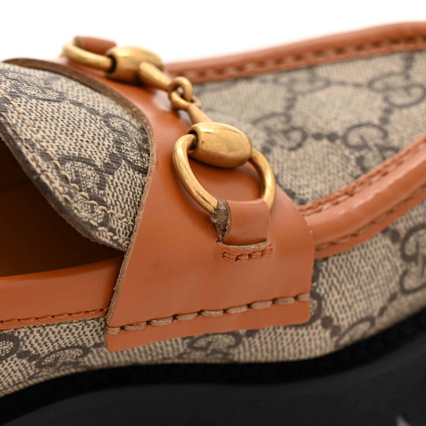 GG Supreme Monogram Cordovan Lux Womens Harald Horsebit 25mm Platform Loafers 36.5 Beige Ebony