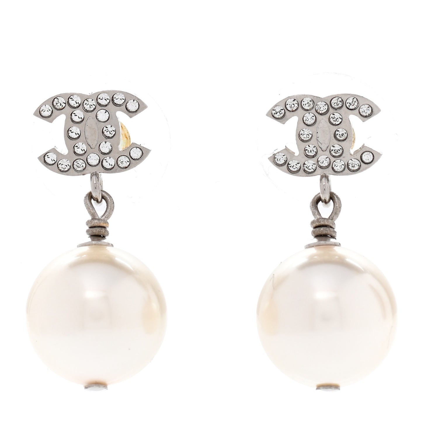 Crystal Pearl CC Drop Earrings Silver Pearly White