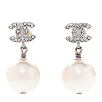 Chanel Crystal Pearl CC Drop Earrings Silver Pearly White 1 of 5