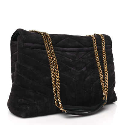 Saint Laurent Suede Calfskin Y Quilted Monogram Medium Loulou Chain Satchel Deep Marine 3 of 12